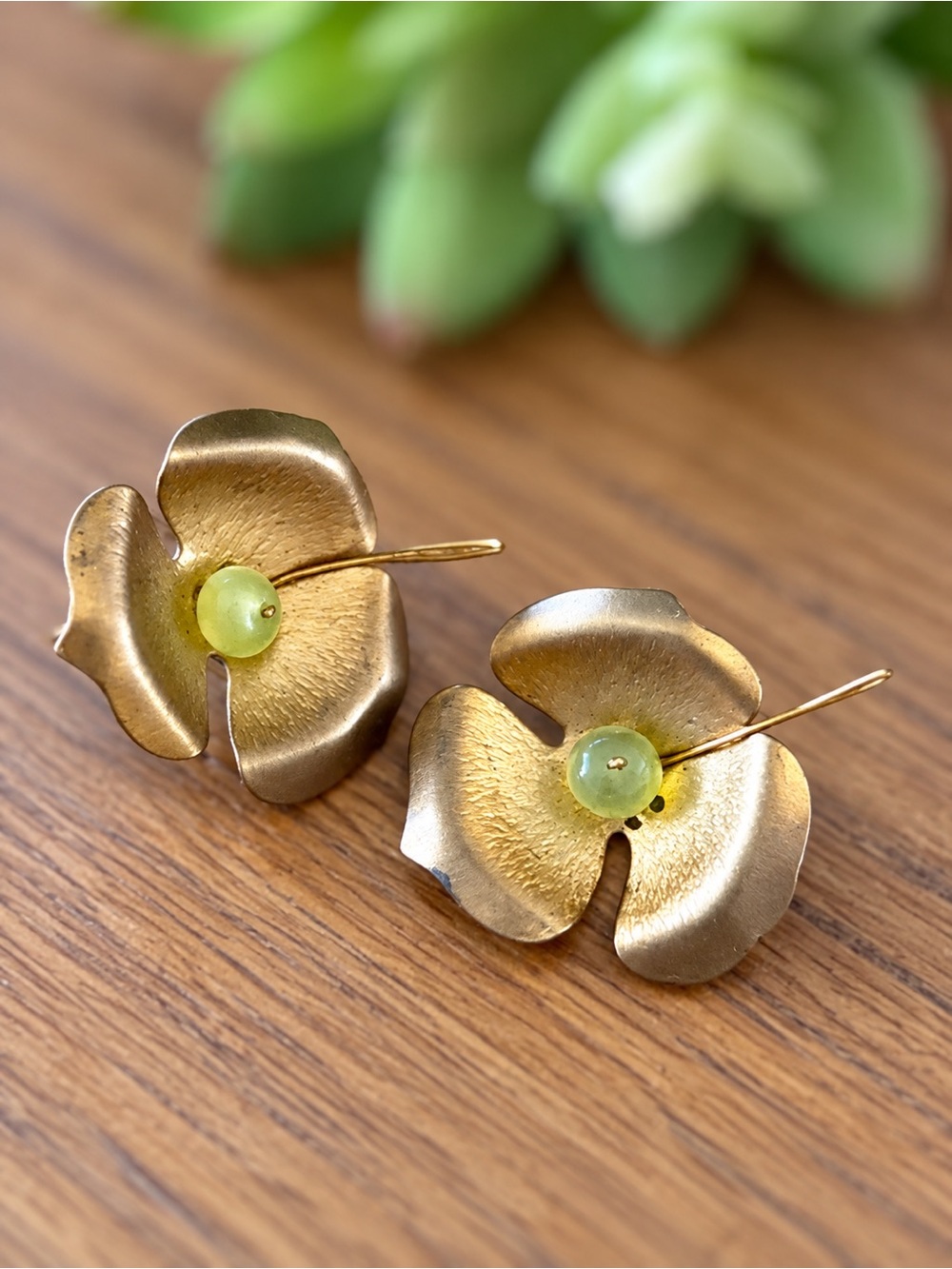 Vintage Sculptural Brass Flower Earrings with Green Bead Centers